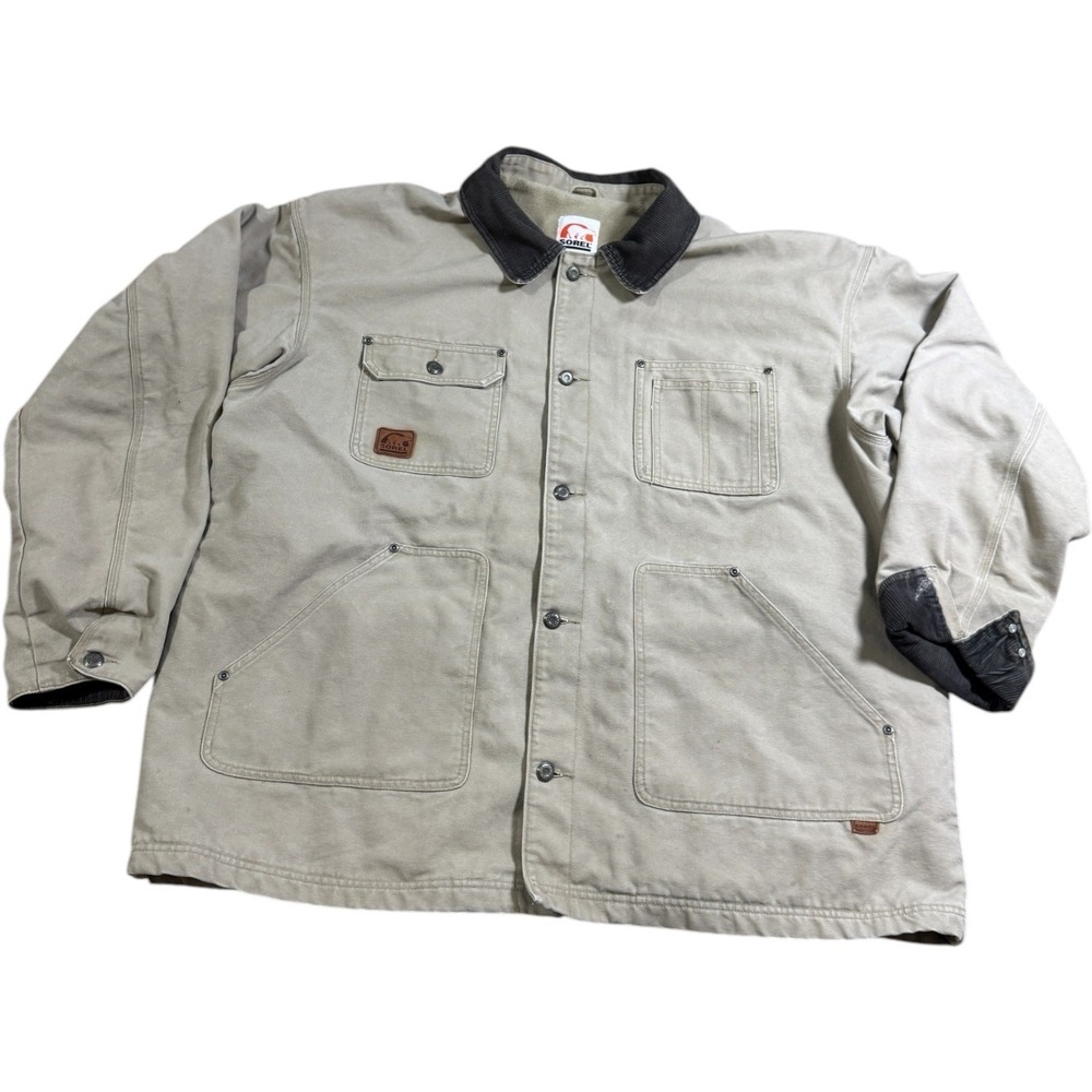 SOREL Men's XXL Beige Cotton Canvas Chore Coat Jacket Lined work coat has stains